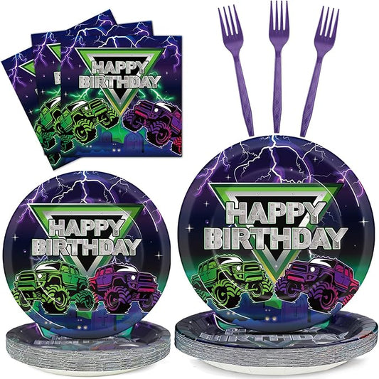 OBUSATT 96Pcs Monster Truck Birthday Party Supplies Truck Birthday Paper Plates Napkins and Forks Monster Truck Party Decorations Green Purple Dinnerware Party Favor ableware Serves 24