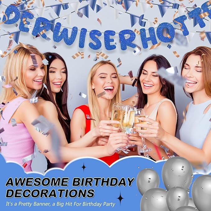 Fulmoon Set of 3 Pre Strung Older Wiser Hotter Glitter Banner Funny Birthday Banner for Women 30th 40th 50th 60th 70th 80th Birthday Party Decorations Sign Gift(Navy Blue)
