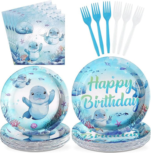 96Pcs Manatee Birthday Decorations Blue Under the Sea Plates and Napkins Ocean Animal Theme Decorations Favors for Kids Sea Ocean Marine Creature Birthday Baby Shower Party Supplies Serves 24