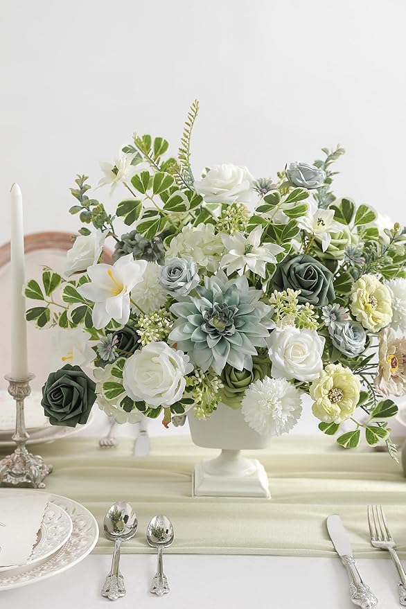 Artificial Flowers Combo Forest Green Silk Fake Flower for DIY Wedding Bridal Bouquets Floral Arrangement Birthday Cake for Table Centerpieces Baby Shower Anniversary Party Home Decor