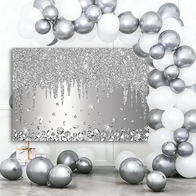 ABLIN 10x7ft Silver Backdrop Print Dripping Glitter Crystal Diamond Silver Happy Birthday Party Bridal Shower Wedding Decorations Photography Background Photo Shoot Props