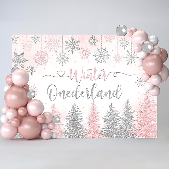 Mocsicka Winter Onederland Backdrop Winter Wonderland First 1st Birthday Party Decoration for Girl Pink Silver Snowflake Christmas Birthday Banner Photo Booth Props (Pink, 8x6ft(96''x72''))