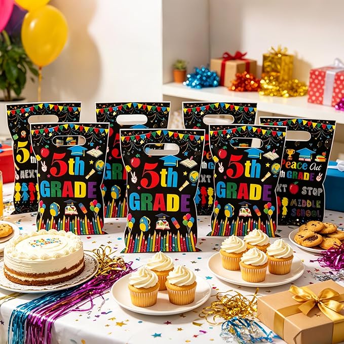 MOIZYNG 50Pcs 5th Grade Graduation Gift Bags with Handles, Peace Out 5th Grade Next Stop Middle School Plastic Snack Treat Goodie Bags for Fifth Grade Graduation Party Favors Supplies