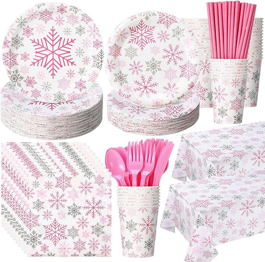 Funnymoom 452 Pcs Pink Snowflake Party Supplies Serves 50, Pink Snowflake Paper Plates Napkins Cups Tablecloth Cutlery Straws for Christmas Winter, Baby Shower Wonderland Birthday Party Decorations