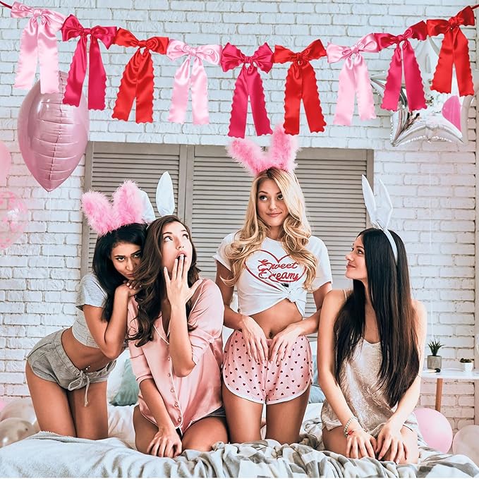VitalCozy Rose Pink Bow Garland Decor for Coquette Party Decorations, Pre-Strung Rose Pink Satin Ribbon Birthday Party Garland Bow Banner for Bridal Shower Bachelorette Wedding Birthday Engagement