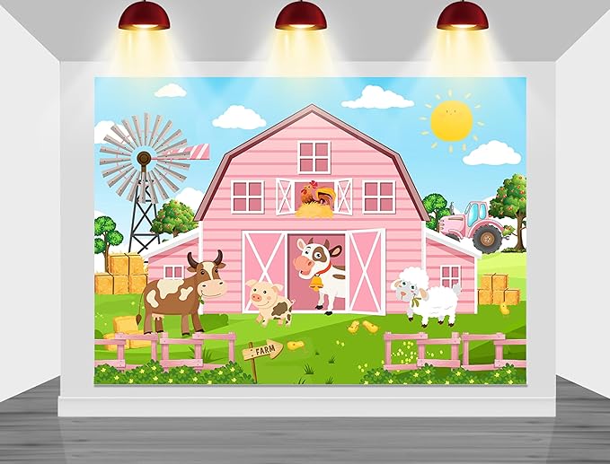Mocsicka Pink Farm Barn Backdrop Large Cartoon Farm Animals Birthday Paty Decorations for Girls Farm Theme Birthday Cake Table Banner Photography Background (Pink, 10x8ft(120"x96"))