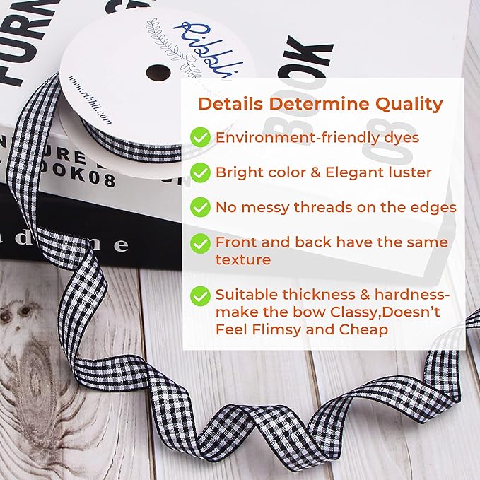 Ribbli Black and White Gingham Ribbon,100% Polyester Woven Edge,5/8 Inch x 10 Yard,Plaid Ribbon,Buffalo Checked Ribbon (Black 1)