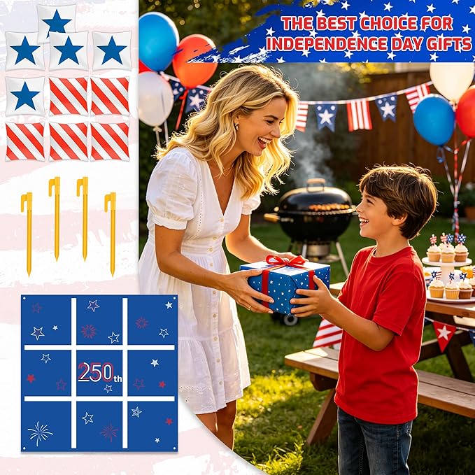 Independence Day Party Favors Tic Tac Toe Bean Bag Game,250th Anniversary Bean Bag Toss Across for Indoor Outdoor Yard Background Lawn Adults Family Night Activities 10 Bean Bags