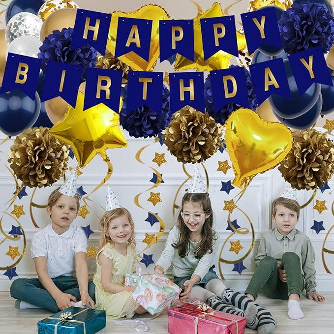 ZERODECO Birthday Decorations - Navy Blue Gold Party Decorations with Banner, Pompoms, Balloons for Boys, Girls, Men, Women