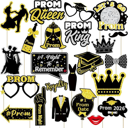 Black Gold Prom Photo Booth Props Kit, 23pcs Black Gold Prom Photo Props for 2026 Graduation Party Decoration, Prom Night, Themed Dance & Senior High School Decor