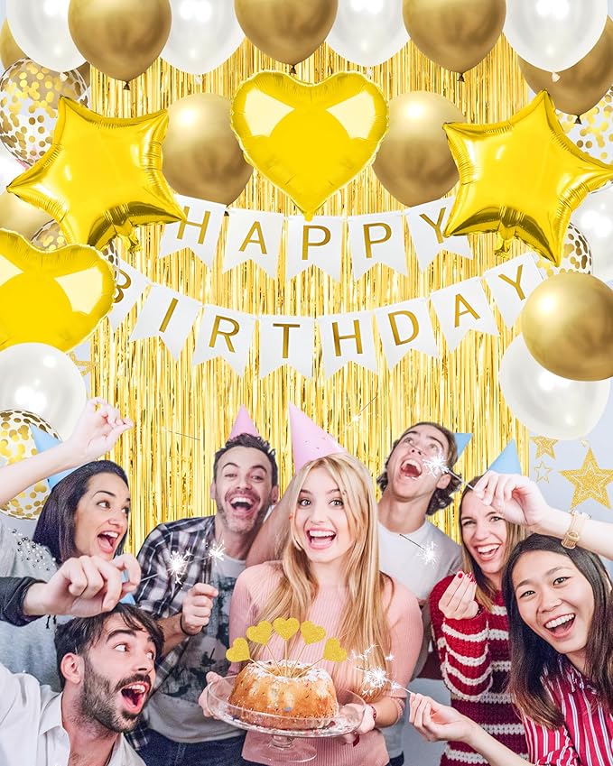 Lutoys Golden Happy Birthday Party Decorations, Happy Birthday Banner, Gold Foil Heart Star Confetti Balloons Curtain Backdrop Hanging Swirls Party Decor for Boys Men