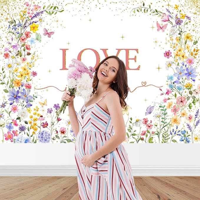 Mocsicka Love in Bloom Backdrop Wildflower Baby Shower Backdrop Wildflower Bridal Shower Decorations, Pink for Girls Birthday Baby Shower Party Supplies Banner (Pink, 6x4ft(72"x48"))