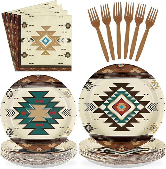 96Pcs Western Aztec Decorations Mexican Geometric Brown Plates and Napkins Native American Decorations Favors for Mexican Theme Vintage Birthday Baby Shower Dinner Party Supplies Serves 24