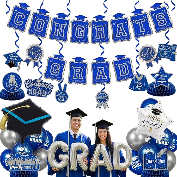 Royal blue Silver Balloon Garland Arch Kit with backdrop Stars Graduation Cap crown GRAD Letters Mylar Balloons for 2026 graduate Prom Decorationss