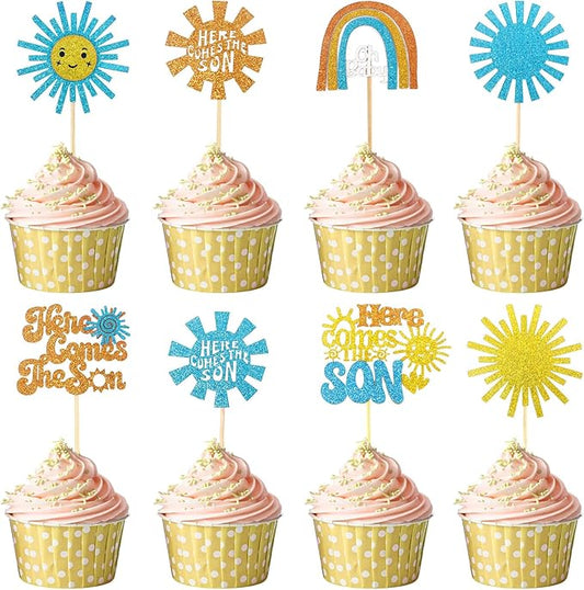 Here Comes the Son Cupcake Toppers, 24 PCS Here Comes the Son Baby Shower Decorations, Glitter Sun Themed Cupcake Party Decorations, Cupcakes Picks Food Picks for Baby Shower Party, Birthday, Wedding