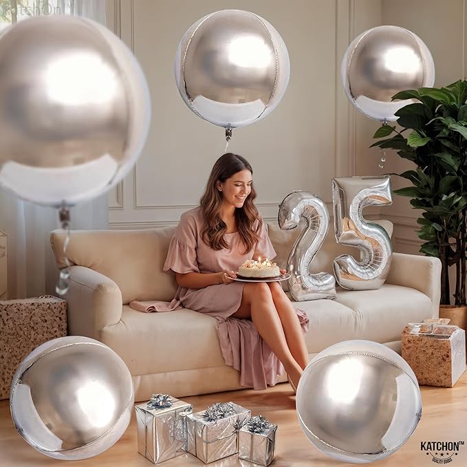 KatchOn, Huge Metallic Silver Balloons - 22 Inch, Pack of 12 | 4D Round Mylar Balloons for Silver Party Decorations, Birthday Party, Graduation Decorations 2026, Engagement, Prom Decorations 2026
