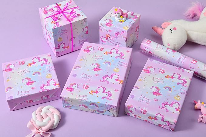 Titiweet Unicorn Wrapping Paper Roll - Mini Roll 17 Inches X 33 Feet - Birthday Wrapping Paper for Girls, Rainbow Wrapping Paper for Birthday Party(Unicorn)
