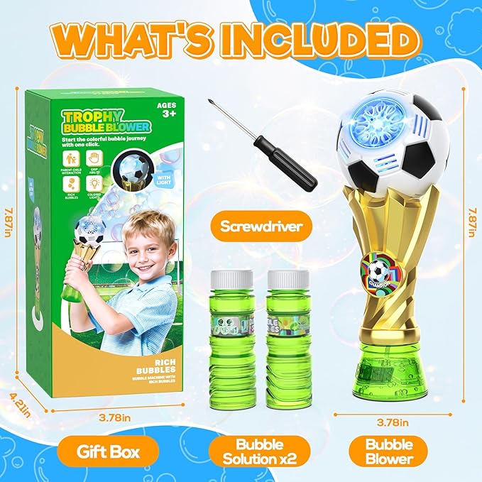 FUNZBO Bubble Machine for Kids - Soccer Trophy Bubble Wand with 2 Solution Refill, Automatic Bubble Blower, Bubbles Maker Blaster Toddler Outdoor Toys, 2026 Merchandise Birthday Gift for Boys Girls 3+