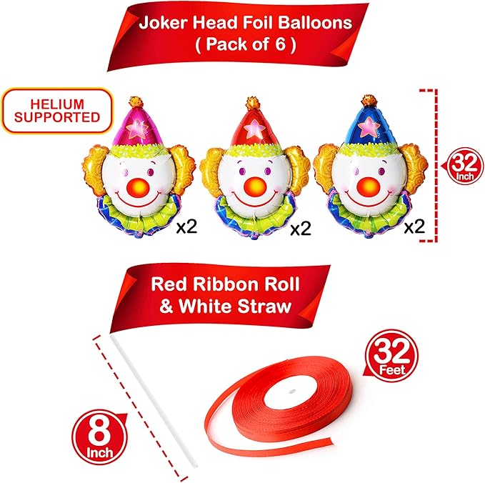 KatchOn, Large Clown Balloons Set - 32 Inch, Pack of 6 | Carnival Balloons for Carnival Decor | Clown Head balloons for Circus Theme Party Decorations | clown Birthday Decorations