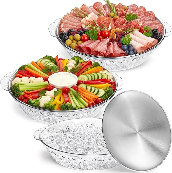 DEAYOU 3 Set 11.8" Chilled Serving Tray for Parties, Round Shrimp Cocktail Serving Dish with Ice Compartment, Ice Serving Bowl Cold Platter for Appetizer, Fruit, Veggie, Salad, Buffet, Keep Food Cold