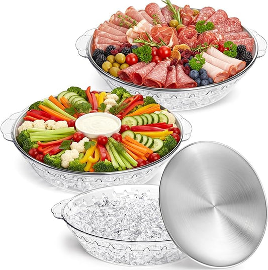 DEAYOU 3 Set 11.8" Chilled Serving Tray for Parties, Round Shrimp Cocktail Serving Dish with Ice Compartment, Ice Serving Bowl Cold Platter for Appetizer, Fruit, Veggie, Salad, Buffet, Keep Food Cold