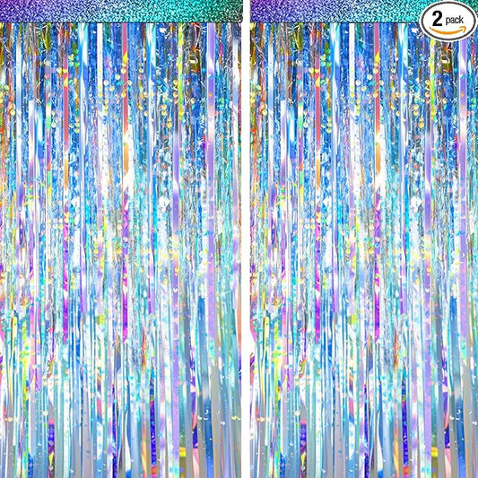 2 Packs Iridescent Foil Fringe Curtain, Neon Transparent Holographic Tinsel Backdrop for Birthday, Wedding, Baby Shower, Mermaid, Euphoria, Iridescent Party Decorations Supplies