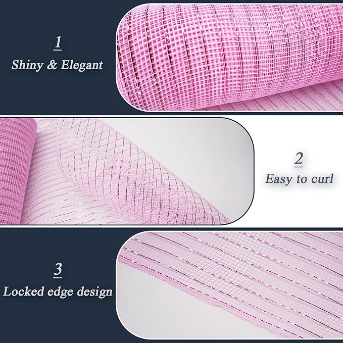 2 Pcs Pink Deco Mesh Ribbon Rolls 10 Inch 10 Yards(30 ft) Decorative Mesh Fabric with Foil for Wreaths Christmas Tree Ribbon Door DIY Craft Halloween Decor Wedding Party Supplies (Pink, 2Pcs)