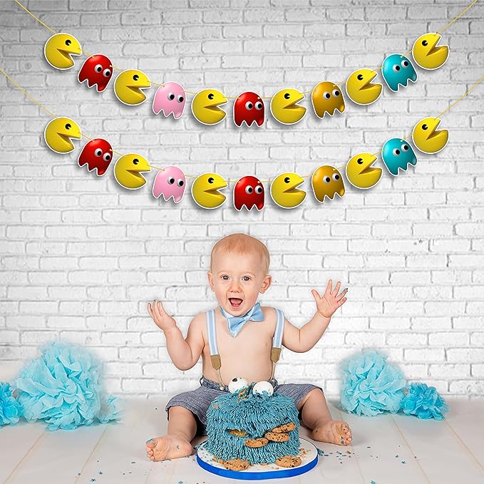 Pacmn Ghost Garland Decoration – Retro Arcade Video Game Themed Birthday Party Supplies – Colorful Ghost Hanging Banner for Adults – Classic 80s Gaming Party Décor for Boys and Girls
