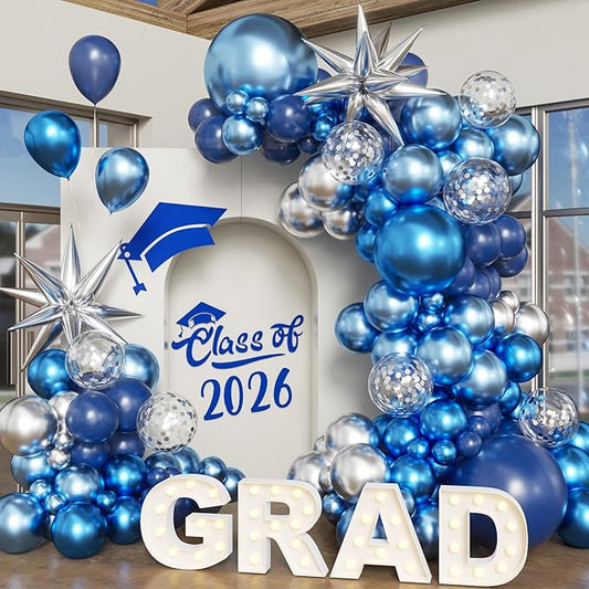 Blue Silver Balloon Arch Kit, 130Pcs Navy Blue Metallic Blue Silver Balloons with Foil Star Confetti Balloons for College High School Graduation Decorations Class of 2026