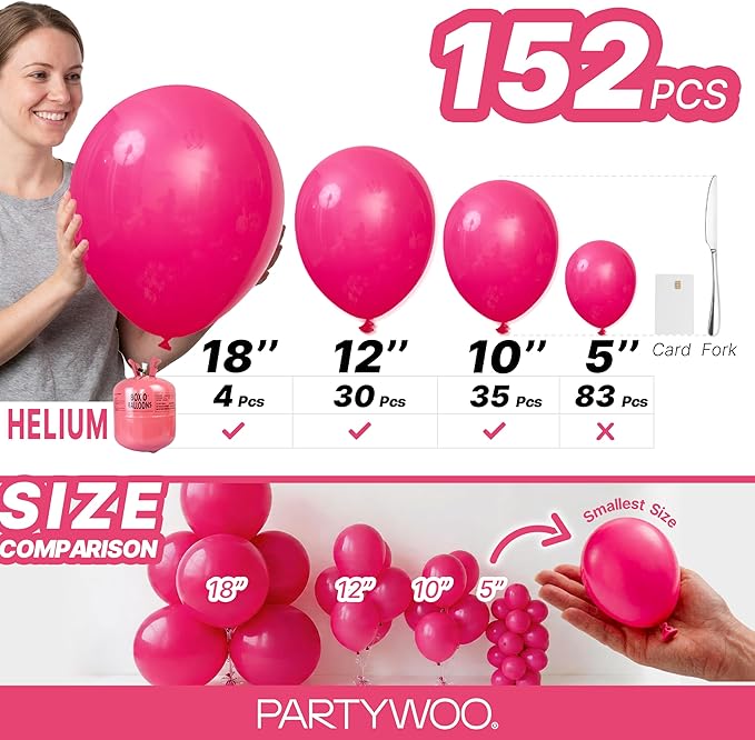 PartyWoo Hot Pink Balloons 152 pcs Different Sizes of 18 12 10 5 Inch Magenta Fuchsia Balloon Arch Kit Garland for Baby Shower Wedding Bridal Shower Anniversary Birthday Party Decorations Pink-Y12