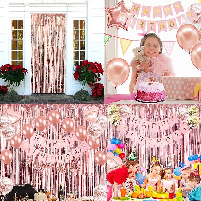 Rose Gold Birthday Party Decorations, Happy Birthday Banner, Rose Gold Fringe Curtain, Heart Star Foil Confetti Balloons, Hanging Swirls for Women Girls Birthdays Princess Party