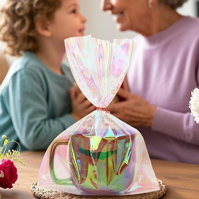 100 PCS Holographic Bags(8x11 Inch) with Colorful Ties, Clear PLastic Iridescent Cellophane Goodie Gift Treat Candy Goody Cookie Bags for Holiday Birthday Baby Shower Party Favors Supplies Decorations