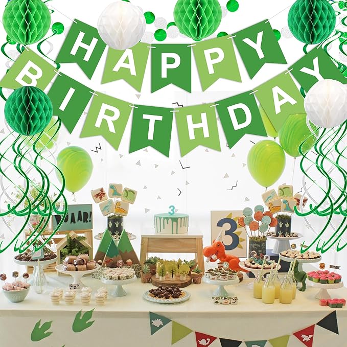 Green Birthday Decorations, Happy Birthday Banner with Honeycomb Balls, Circle Dot Garland and Hanging Swirl Decorations for Women Men Boys Girls (Green White)