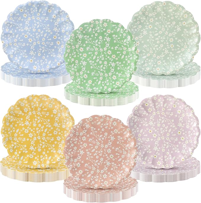 Yungyan 30 Pcs Ditsy Floral Paper Plates - 9.5'' Ditsy Scalloped Disposable Party Paper Plates Rainbow Scalloped Dessert Tableware for Christmas Winter Wedding Birthday Baby Shower Party Supplies