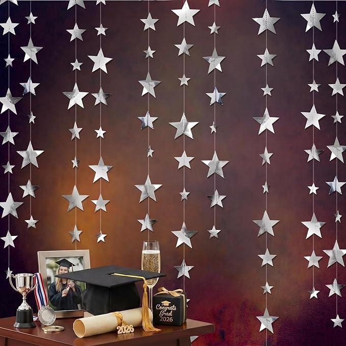 Cheerland 157ft Silver Star Garland Star Party Decorations Hanging Stars Prom Decoration 2026 Graduation Decor Paper Stars Streamer Banner Backdrop Shiny Starry Night Twillight Birthday Party Supplies