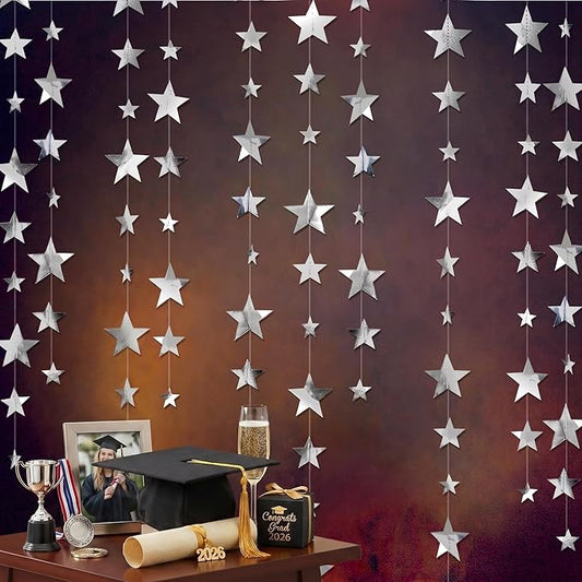 Cheerland 157ft Silver Star Garland Star Party Decorations Hanging Stars Prom Decoration 2026 Graduation Decor Paper Stars Streamer Banner Backdrop Shiny Starry Night Twillight Birthday Party Supplies
