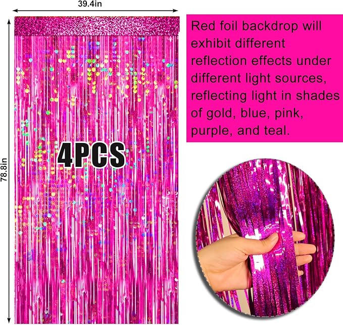 4 Packs Hot Pink Foil Fringe Curtain, Pink Glitter Metallic Tinsel Backdrop for Birthday, Wedding, Baby Shower, Bachelorette Cowgirl Princess Party Decorations Supplies