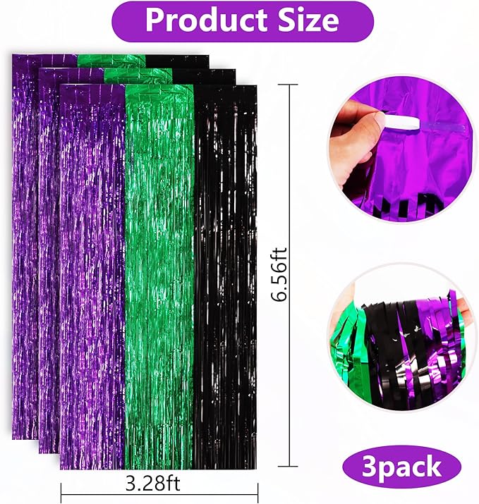 BEISHIDA 3Pcs Purple Green Black Door Streamer Backdrop Foil Fringe Tinsel Curtains Backdrops for Monster Truck Theme Birthday Party, Halloween Party Supplies (3.28 ft x 6.56 ft)
