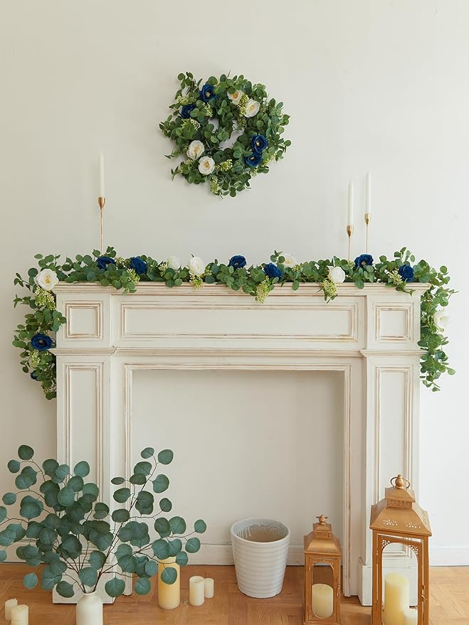 PARTY JOY 6.56ft Eucalyptus Garland with Flowers-8 Blue White Roses, Artificial Fake Flowers Greenery Garland Floral Vines for Decoration Party Wedding Table Indoor Outdoor Backdrop Wall Decor