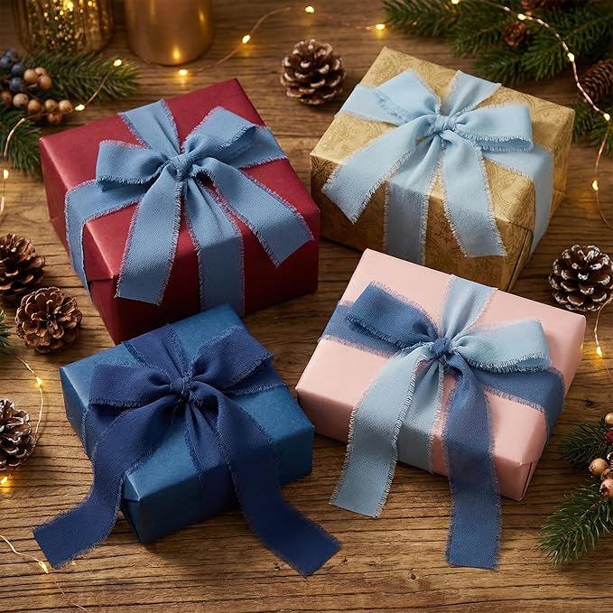 Gray Blue Chiffon Ribbon Set, 3 Pack 1.5 Inch Frayed Edge Polyester Chiffon Ribbon, 21 Yards Total Gray-Blue Palette for Wedding Bouquets, Invitation Styling and Gift Wrapping