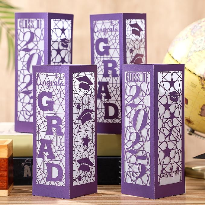 Rossesay 12 Pcs Graduation Table Centerpieces Boxes Class of 2026 Graduation Lanterns for Centerpieces with LED Candles Congrats Grad School College Photo Props for Party Table Decoration (Purple)