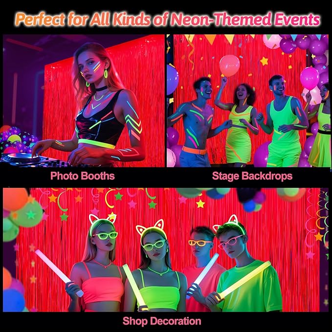 Glow in The Dark Party Supplies 2 Pack Neon Party Decorations Fluorescent Tinsel Foil Fringe Curtains Photo Booth Prop Backdrop Streamer Blacklight Decorations (Neon Orange)