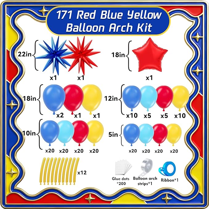 Cartoon Balloon Garland Arch Kit 171pcs with 4D Star Gold Long Balloons, Red Blue Yellow Balloons Arch Kit for Birthday Baby Shower Carnival Circus Hedgehog Super Hero Gamer Theme Party Decor