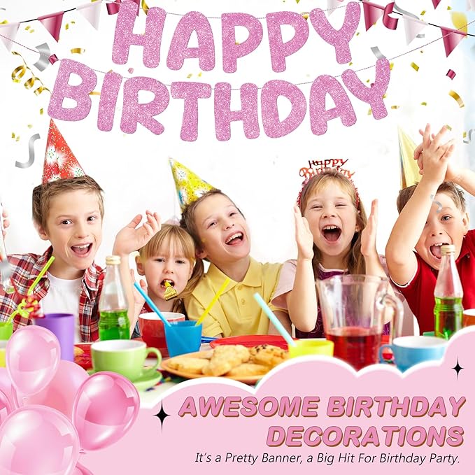 Fulmoon Glitter Pre Strung Happy Birthday Banner No DIY Party Decorations Happy Birthday Sign Decor for Men Women Boy Girls Backdrop(Pink)