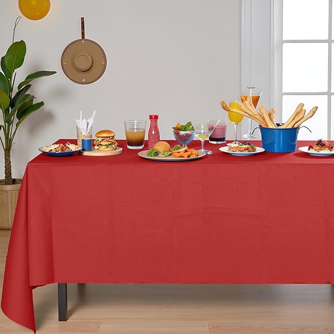 [6 Pack] Red Paper Tablecloth Disposable for Rectangle Tables, 54 X 108 Inch Party Table Cover with Plastic Backing, Waterproof 3 Ply Table Cloth for Valentine's Day Christmas Day Xmas Dinner
