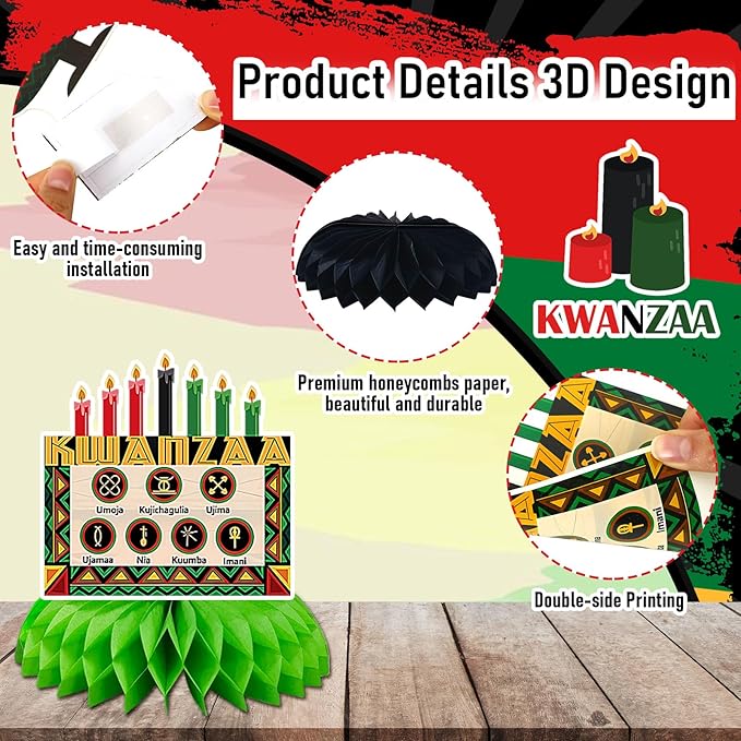 JULMELON 8PCS Kwanzaa Table Decorations Honeycomb Centerpiece, Kwanzaa Decor Traditional African Drum Candlestick Table Toppers Decorations for Office Home Party Favors Supplies
