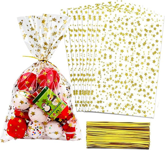 100 Pcs 7 x 12 Inch Clear Cellophane Treat Bags with 100 Gold Twist Ties, Gold Star Printed Heat Sealable Candy Bags for Cookies, Chocolate, Bakery, Party Favors, Gift Wrapping