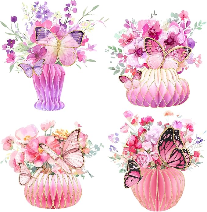 AOBKIAT Women Birthday Decorations Party Centerpieces,Large Size Table Centerpieces with Glitter Edge,Pink Purple Cardboard Honeycomb Base for Mother Day,Baby/Bridal Shower,Wedding,Gradient Vase