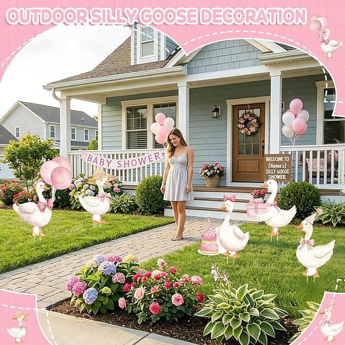 5Pcs Silly Goose Baby Shower Decorations, Pink Large Goose Cardboard Cutout Standup, Geese Birthday Party Sign for Photo Booth Props Backdrop Garden Entrance Decor Cartoon Party Supplies