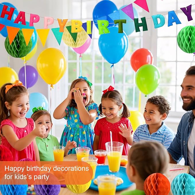 Pre-Strung Happy Birthday Decoration, Fabric Felt Birthday Banners Poms Pom Party Garland Felt Pennant Flag With 10PCS Honeycomb Balls, Reusable Party Celebrations